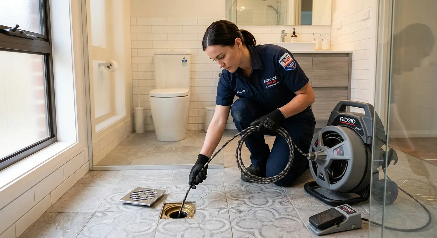 Technician clearing a bathroom floor drain for Sewer Line Installation in Wimauma